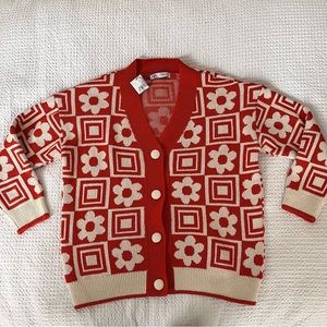 Zara jacquard vintage retro floral orange sweater cardigan